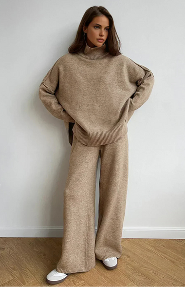 Plain Turtleneck Knit and Pants Set